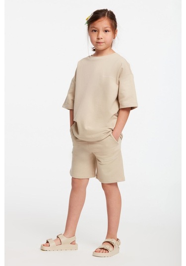 Calı Kız Çocuk Bisiklet Yaka Bej Eşofman Takımı