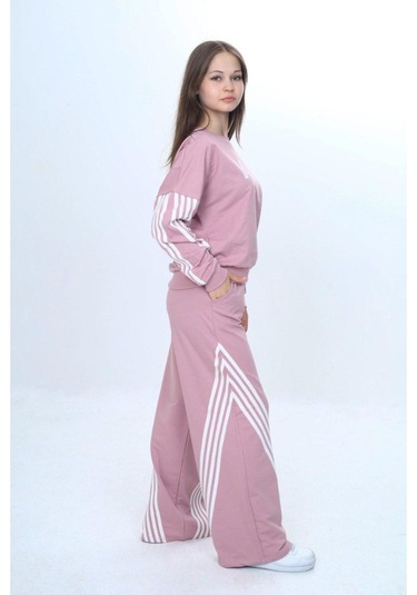 Kız Çocuk %100 Pamuk Şeritli Oversize 2 İplik Alt&üst Eşofman Takımı-305-eşt-0009 Pudra