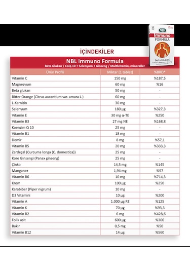 NBL Immuno Formula Selenyum Beta Glukan 30 Tablet 2 Adet