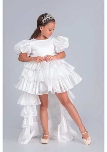 Volanella Taçlı Kız Çocuk Abiye Çift Tarz, Tek Elbise. Beyaz