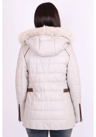 Ekru Hakiki Deri Kürklü Çıkarılabilir Kapüşonlu Kapitoneli Mont K