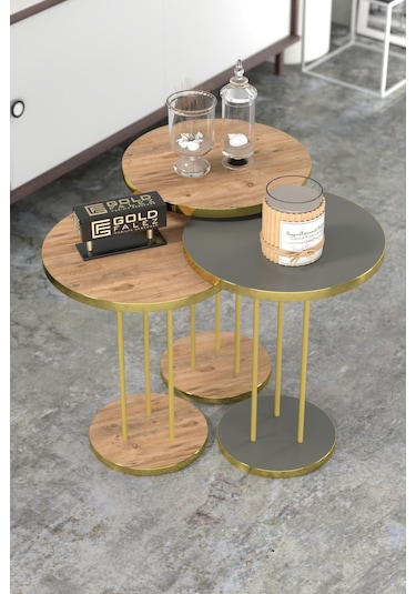 Orta Sehpa Ve Zigon Sehpa Terra Set Gold Antrasit Ceviz