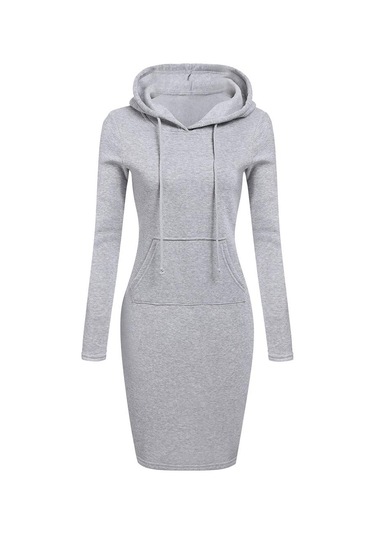 Gri Kadın Modası İnce Kapşonlu Uzun Kollu Katı Kalem Kapüşonlu Elbise Gri