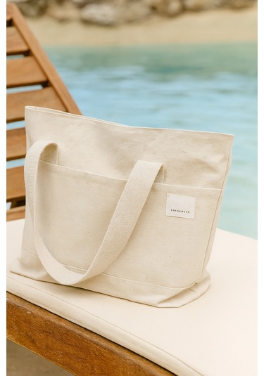 Yunusoğlu Home Kadın Krem El, Omuz Ve Plaj Çantası. Kanvas Çok Amaçlı Kullanım Çanta Krem