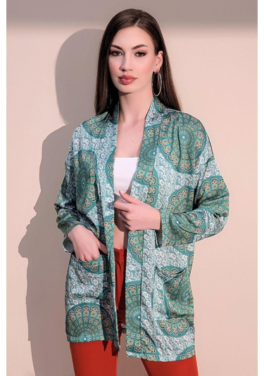 Kadın Yeşil Etnik Desen Yeni Moda Saten Çift Cepli Salaş Kimono Ceket - Tesettüre Uygun Yeşil