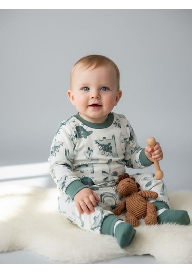 Zekids Erkek Bebek Pamuklu Dinazor Desenli Pijama Takımı-16268 Yeşil