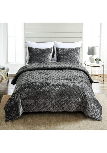 Evlen Home Kapitone Kadife Yatak Örtüsü Seti Tek Kişilik Supersoft 2 Parça Yumuşak Elyaf Dolgulu Antrasit Bej