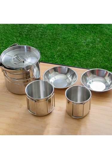 Ranyeek Stainless Steel Kamp Mutfak Seti 5 Parça - Tencere, Kupa Ve Kaseler İle Taşınabilir Outdoor Pişirme Ekipmanı Çok Renkli