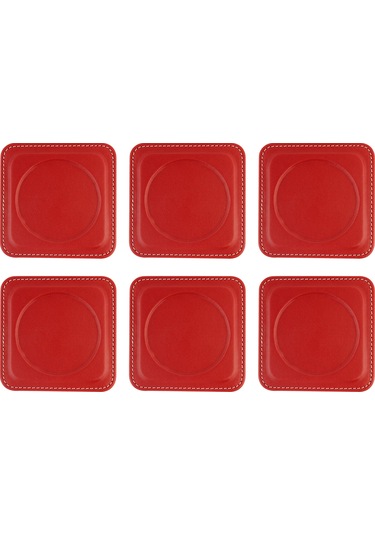 Bardak Altlığı,6 Lı Set,masaüstü Yuvarlak Cup Coaster,vegan Suni Deri,11x11 Cm.,kırmızı Kırmızı