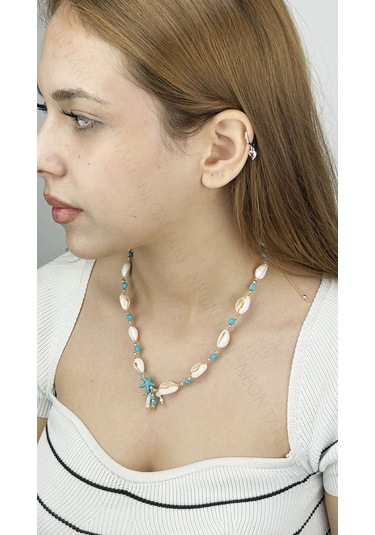 Midye Kabuklu, Mavi Boncuklu, Yaz Kolyesi 393, Altın Renk Çok REnkli