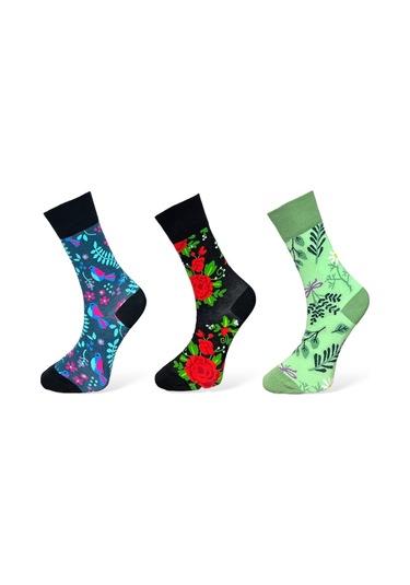 3'lü Unısex Doğa Temalı Kuş Ve Yaprak Tasarımlı Esnek Nem Alabilen Pamuklu Spor Soket Çoraplar Çok Renkli