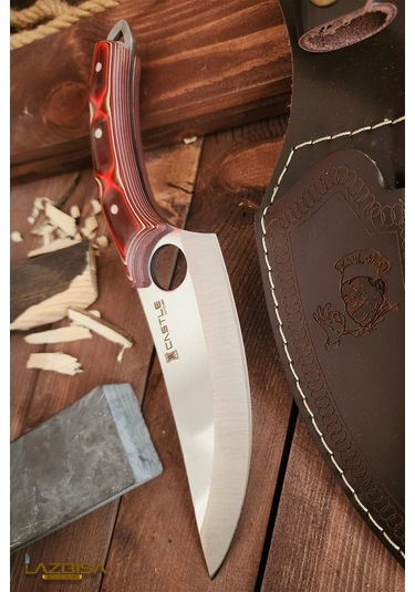 Outdoor Piknik Kamp Bıçağı Çakısı Kılıflı El Yapımı Verzalit Sap Kahverengi