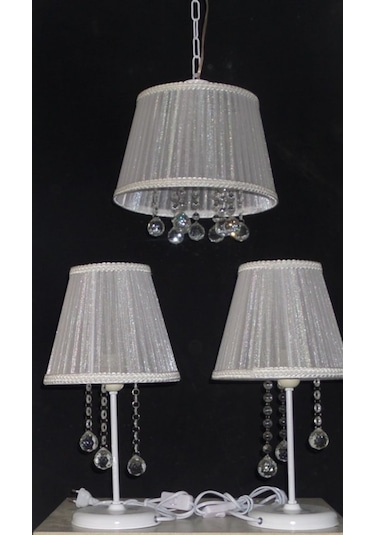 Beyaz 3 Lü Taşlı Yatak Odası Avize Abajur Seti