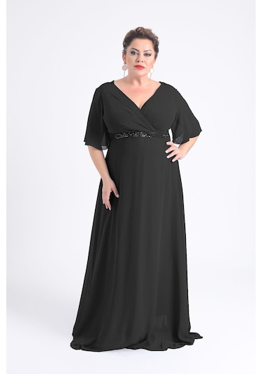 Lilas Xxl Kadın Büyük Beden Uzun Şifon Abiye Elbise 9510 Siyah Siyah