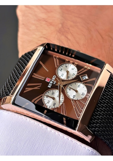 Reward Siyah Renk Rose Gold Kare Model Erkek Kol Saati +bileklik Hediyeli Nda640