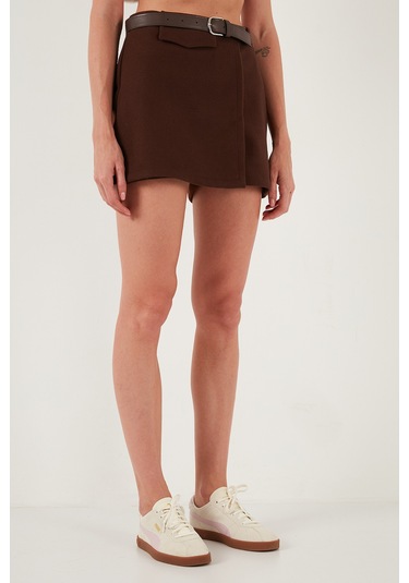 Lela Pamuk Karışımlı Relaxed Fit Yüksek Bel Mini Boy Bayan Şort Etek 611Sr0037 Kahve