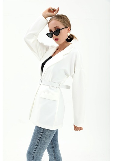 Düşük Omuz Kemerli Atlas Kumaş Blazer Ceket - Ekru-ekru Ekru