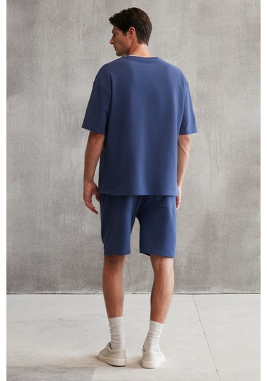 Colombıa  Erkek 2'li Set Comfort Fit Rahat Kalıp Yazı Nakışlı Şardonsuz Lacivert Eşofman Takımı