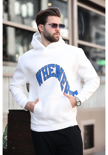 Madmext Ekru Kapüşonlu Baskılı Cep Detaylı Erkek Sweatshirt E7065 Ekru