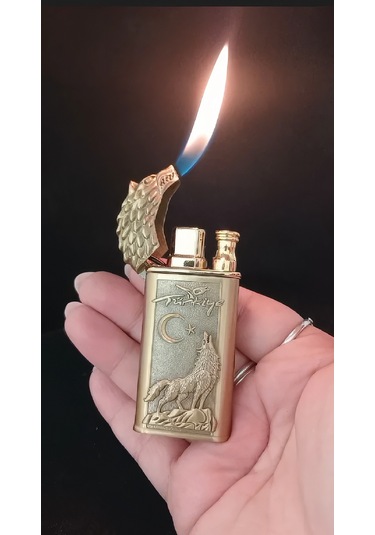 Gold Kaplama Kurt Figürlü Türkiye Temalı Jet Alevli Çakmak Çok Renkli