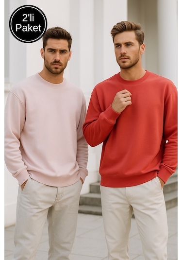 Rich Erkek 2'li Paket Nar Çiçeği - Pudra Bisiklet Yaka Scuba Basic Sweatshirt Pudra