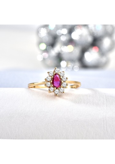 14 Ayar Mikron Altın Kaplama Kırmızı Taşlı Damla Halo Yüzük Vintage Still - Rs00118 Altın