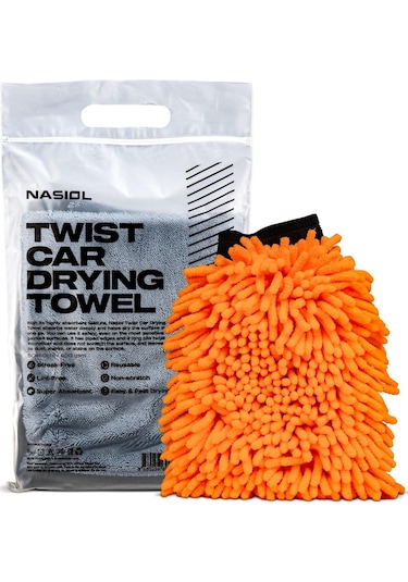 Nasiol-SET 22-Mikrofiber Araç Kurulama Havlusu 60x90cm ve Peluş Araç Yıkama Eldiveni Seti