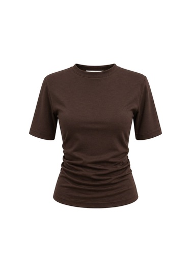 Mixray 2095 Kadın Büzgü Detaylı Arkası Yırtmaçlı Basic T-shirt Kahve Kahverengi
