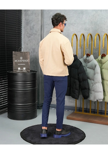 Modefendi Orta Slim Fit Düğme Detaylı Kaşmir Kaban Bej