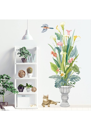 Çiçek Vazo Kedi Pvc Duvar Sticker Kendinden Yapışkanlı Ev Oturma Odası Dekorasyon Sticker Çıkarılabilir 62 115 Cm Şeffaf