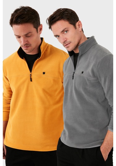 Buratti Slim Fit Anti-Pilling Tüylenme Yapmayan Bato Yaka Şardonlu 2'Li Paket Erkek Polar 5906001S2 Gri-Hardal