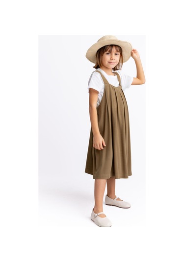 Askıları Nakışlı Keten Kız Çocuk Elbise Caramel Caramel Kahverengi