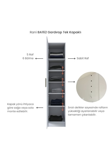 Rani Ba162 Gardırop Tek Kapaklı 5 Raflı Elbise Dolabı Beyaz