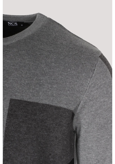 Erkek Triko Grimelanj Bisiklet Yaka Desenli Slim Fit Pamuklu Kazak Ncs Jeans 3740 Grimelanj