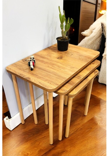 Doğal Ahşap Ayaklı 3'lü Zigon Sehpa Seti Çam