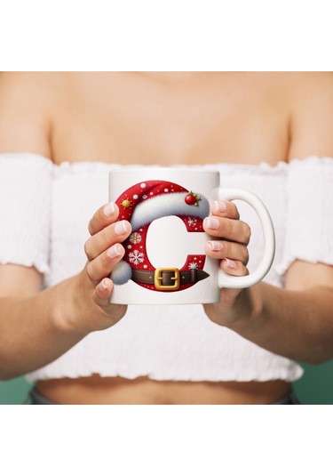 C Harfi Yılbaşı Temalı Bardak 330 Ml Harfli Kişiye Özel Hediye - Yeniyıl / Noel Şapka Tasarım Beyaz