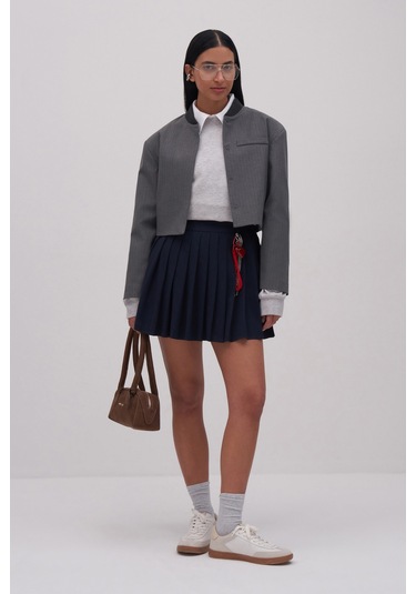 Yüksek Bel Pileli Mini Etek Lacivert