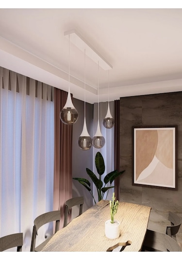 Opya Füme Camlı 4 Lü Beyaz Metal Sarkıt Modern Sıralı Avize, E2 1 Adet