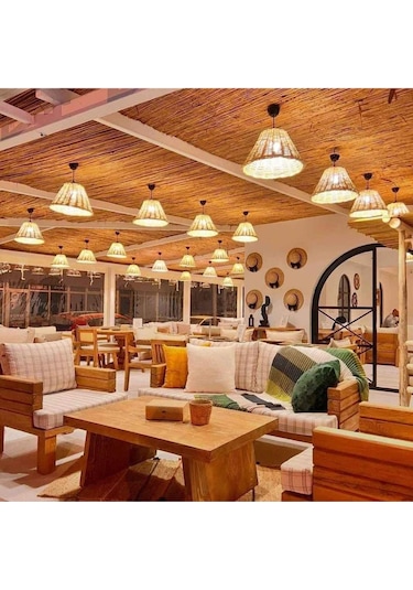 Hasır Doğal Saçaklı 40 Cm Çap Dekoratif Avize Sarı Bej - Sarı