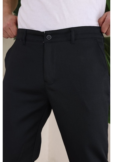 Erkek Casual Slim Fit Cord Desenli Kumaş Pantolon Siyah