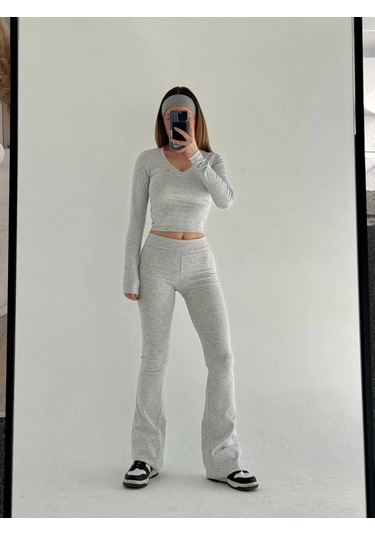 V Yaka Uzun Kollu Bluz İspanyol Paçalı Tayt İkili Takım - Gri