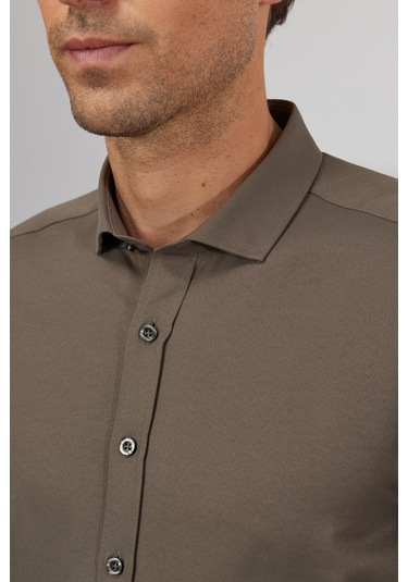 AC&Co / Altınyıldız Classics ERKEK HAKI Kolay Ütülenebilir Slim Fit Dar Kesim İtalyan Yaka Armürlü Gömlek Haki