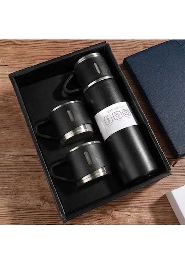 Ebitda Paslanmaz Çelik Vakumlu Termos Seti, 500ml, Çift Duvarlı, Isı Yalıtımı, Ofis-okul İçin, Siyah Siyah