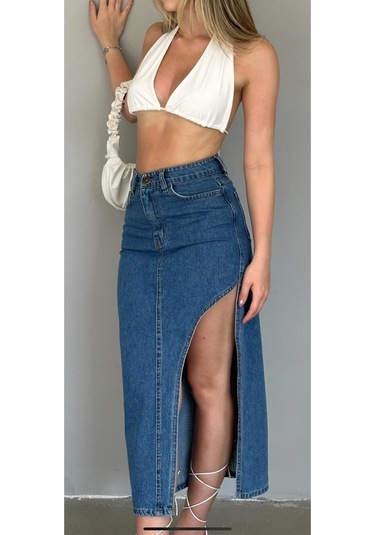 Shevega Kadın Mavi Uzun Ön Parçali Asimetrik Kot Etek Mavi