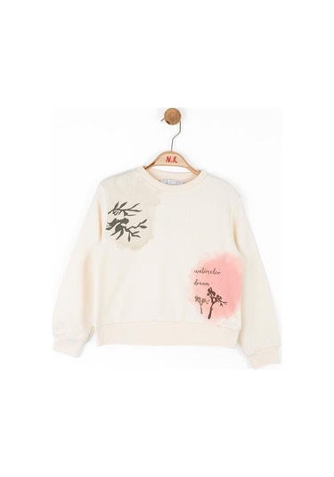 Kız Çocuk Pamuklu Orta Kalınlık Batik Desenli Sweatshirt-14714 KREM