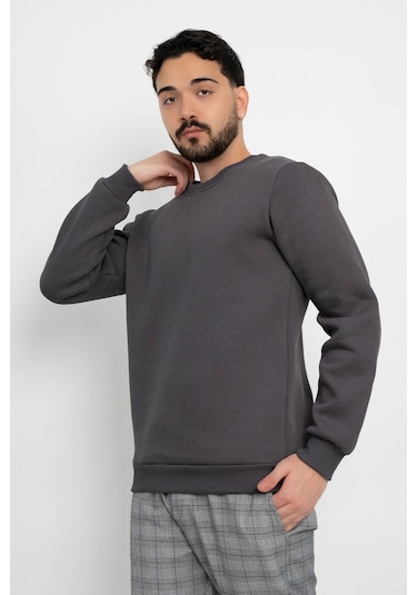 Dasüniforma Basic Baskısız 3 İplik Unisex Cepsiz Düz Sweatshirt Yuvarlak Yaka Sweat Antrasit