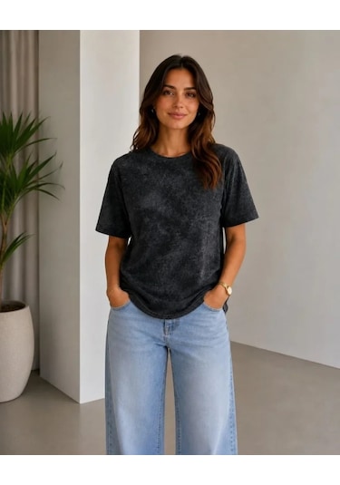 Defymoda Batik Desenli Tişört Bisiklet Yaka Kısa Kol Regular Fit T-shirt - Siyah