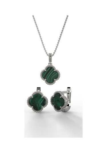 Erdobia 925 Ayar Yeşil Kaplangözü Taşlı Rodyum Yonca Kolye Küpe 2'li Gümüş Set-takım