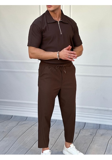 Modefendi Fermuar Detaylı Fitilli Oversize Alt Üst Takım Kahverengi
