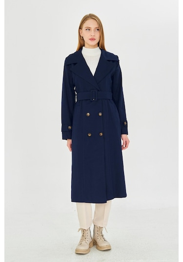 %100 Pamuk Ekstra Uzun 120cm Kruvaze Kadın Trençkot 1121 Lacivert